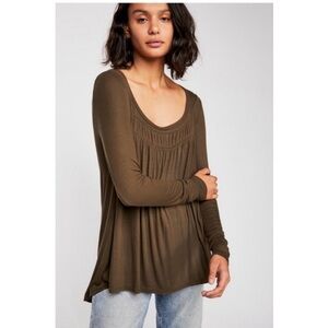 Free People Brown Long Sleeve Scoop Neck Top Size S